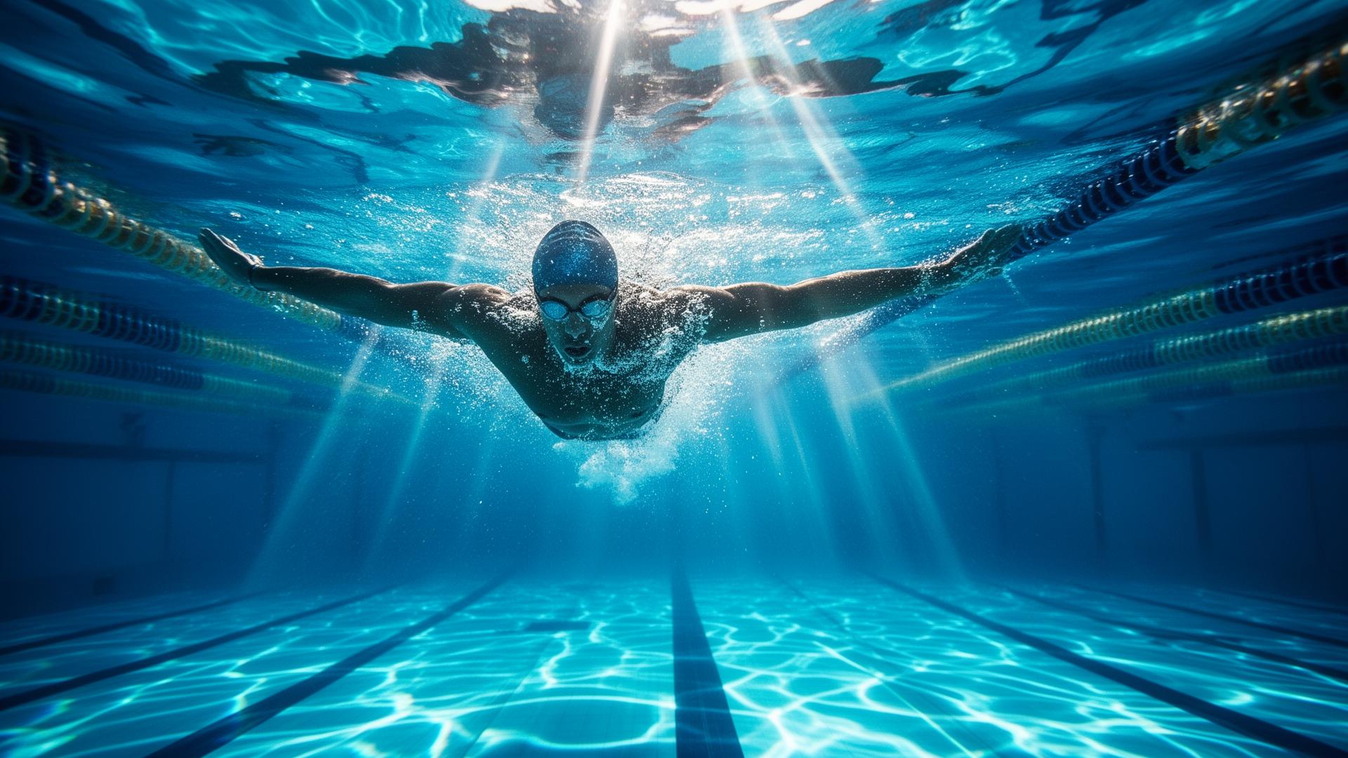 Atleta nadando em piscina olímpica